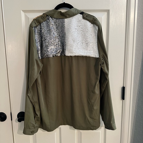 Anthropologie Olive Green Sequin Patch Army Button Down Shirt - Picture 7 of 10